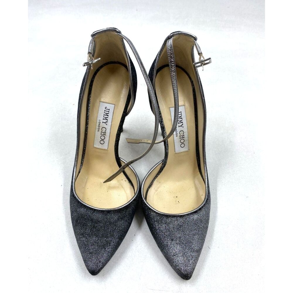 Jimmy Choo Lucy 100 Black Glitter Fabric D'Orsay Ankle Strap Pumps EU 36
